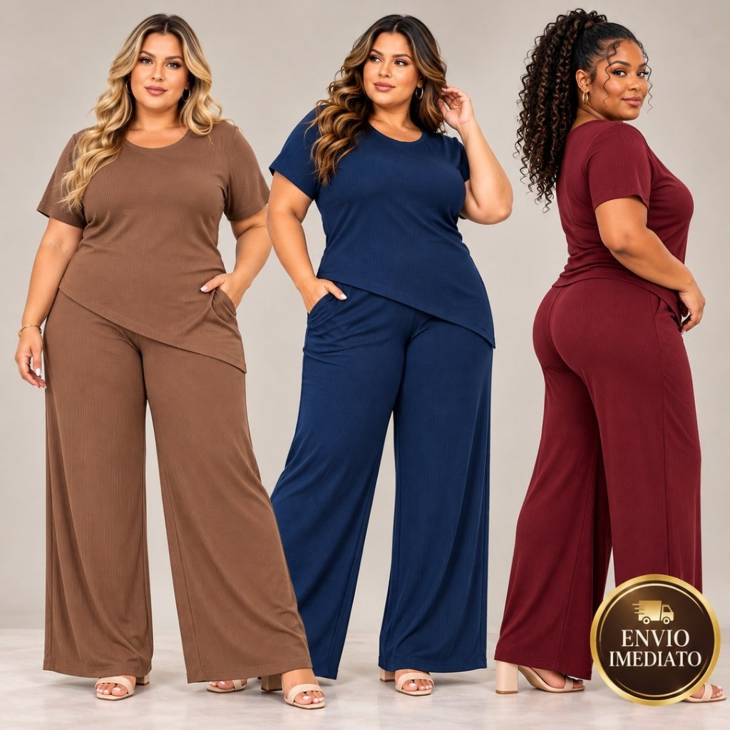 Conjunto Feminino Plus Size Blusa e Calça Pantalona Elegante Assimétrico Em malha Alta Elasticidade Do G1 ao G7