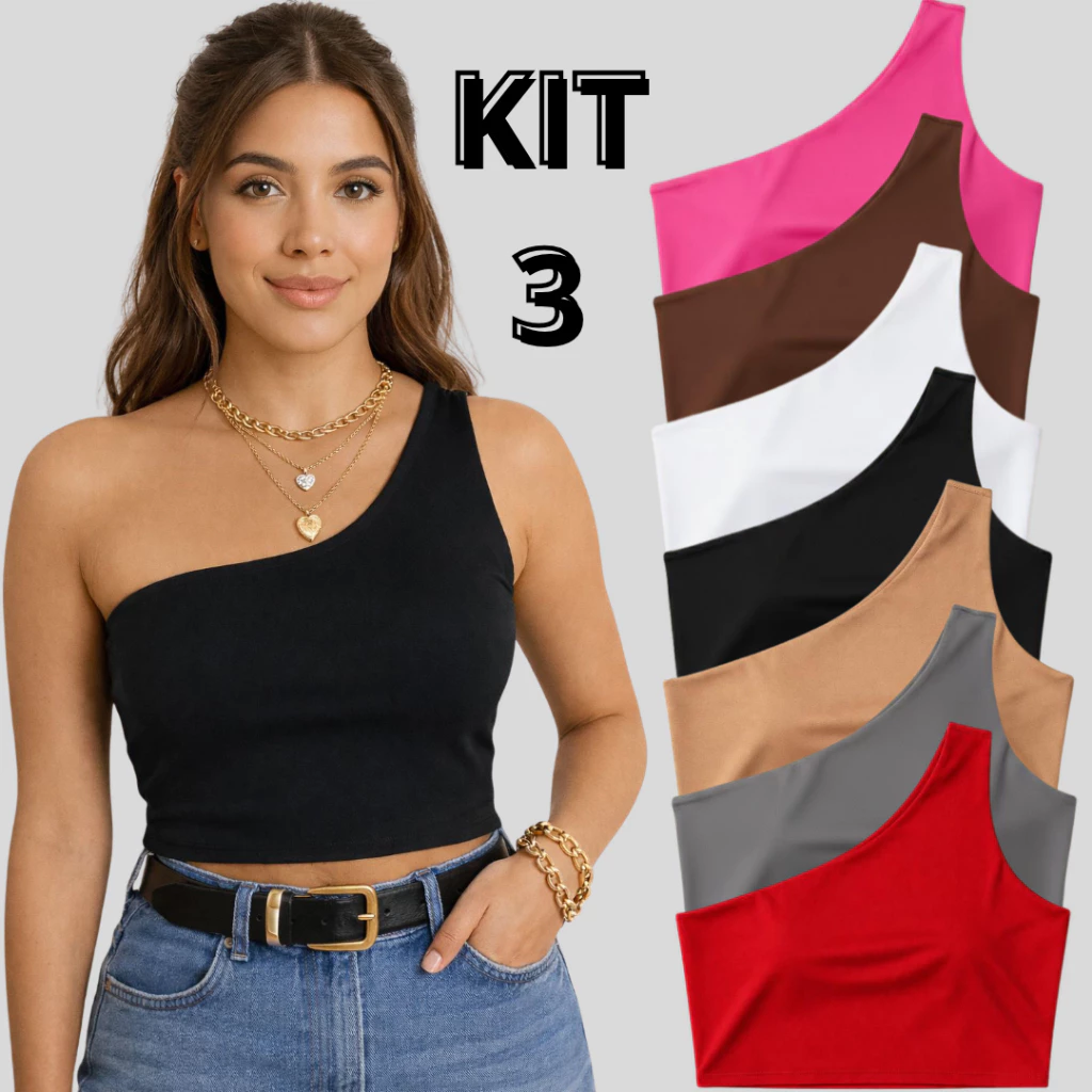 Kit 3 Croppeds nula manga forrado Um Ombro Só colorida Malha Suplex carnaval
