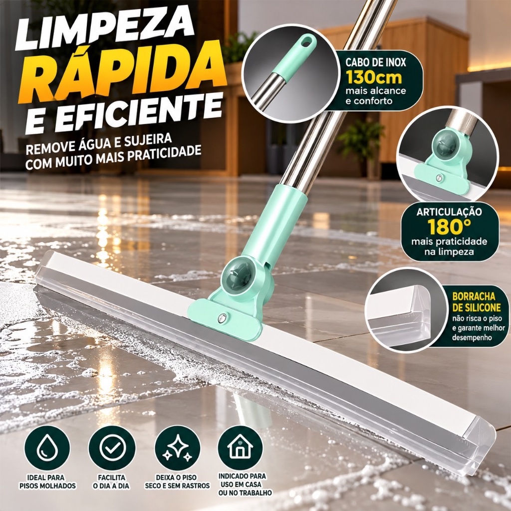 Rodo de Silicone Para Limpeza de Piso Vidros Com Gancho Secos e Molhados Uso Duplo Vassoura Mágica