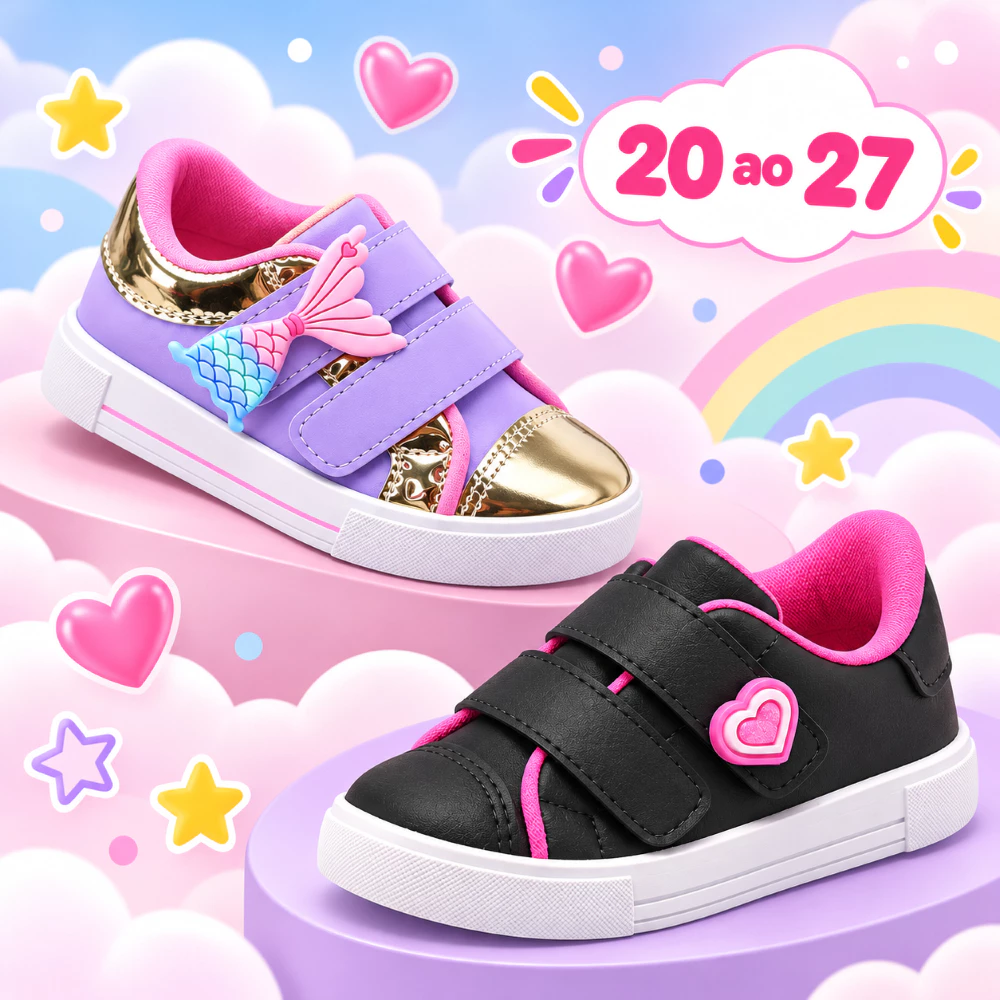Tênis Infantil Menina Confortável com Velcro Calce Fácil Sereia Coração Preto Rosa Lilás Promoção