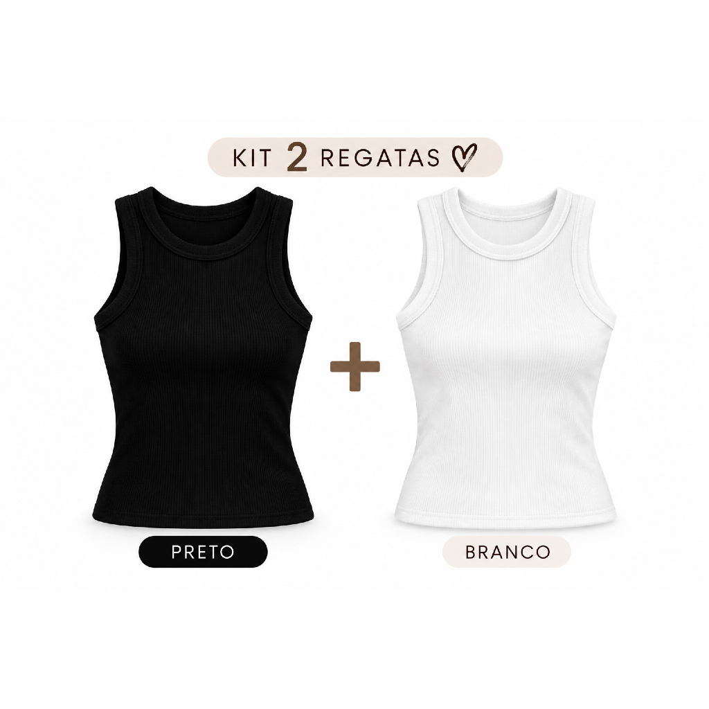 Kit 2 Regatas Femininas Caneladas Ribana Blusa Básica Gola Redonda Sem Manga Casual