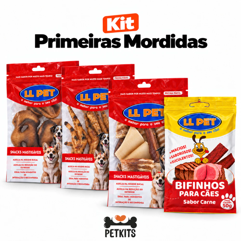 Kit Primeiras Mordidas Petisco Mordedor Natural para Cães -- Focinho, Pé de Galinha, Misto 50g, Bifinhos