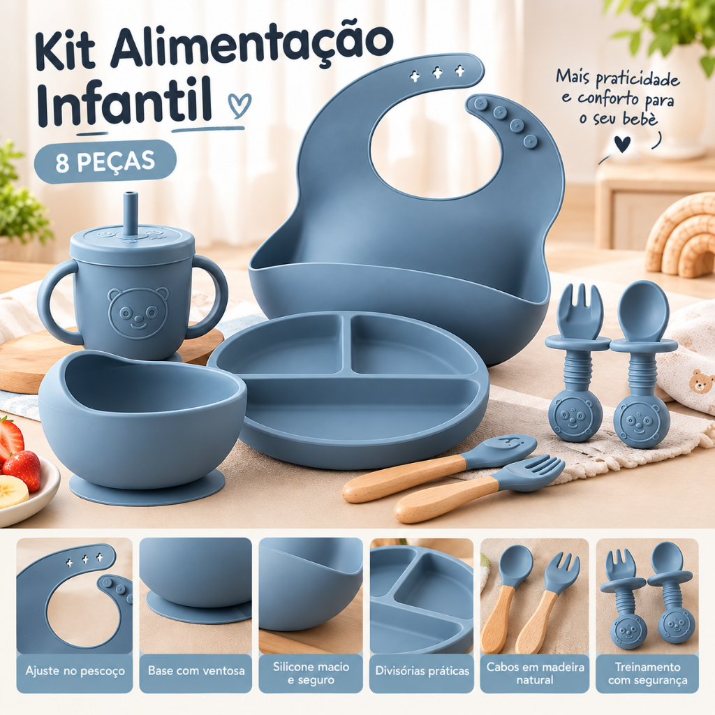 Kit Alimentação Bebê Silicone 8 Peças com Ventosa Babador Prato Tigela Copo Talheres BLW
