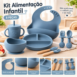 Kit Alimentação Bebê Silicone 8 Peças com Ventosa Babador Prato Tigela Copo Talheres BLW