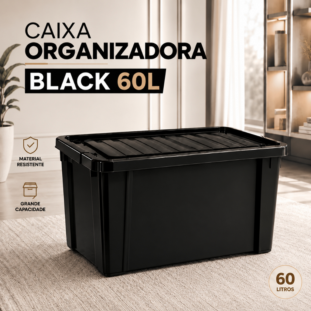 Caixa Organizadora Container Black e Fumê Trava 60 Litros Cesto Organizador Grande