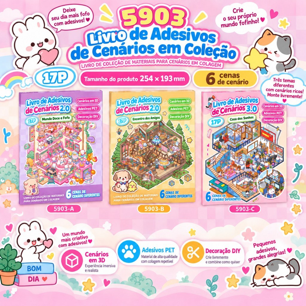 Caderno De Adesivos 3D Infantil Kawaii DIY Com 6 Ou 20 Cenários, Livro Interativo Para Montar E Decorar — imagem 2 de 2
