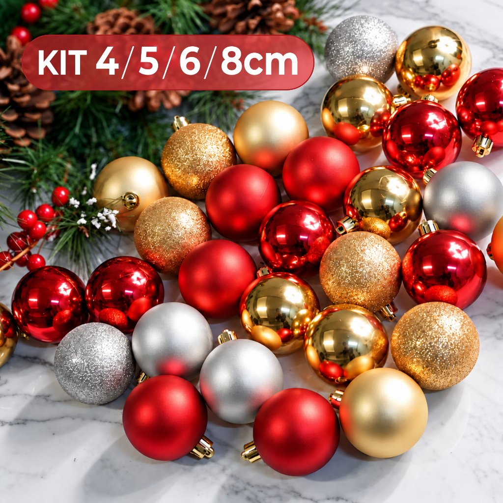 Kit 15 Bolinhas De Natal Brilho Fosca Glitter Enfeite Árvore de Natal 4cm, 5, 6 ou 8cm Casa Primo