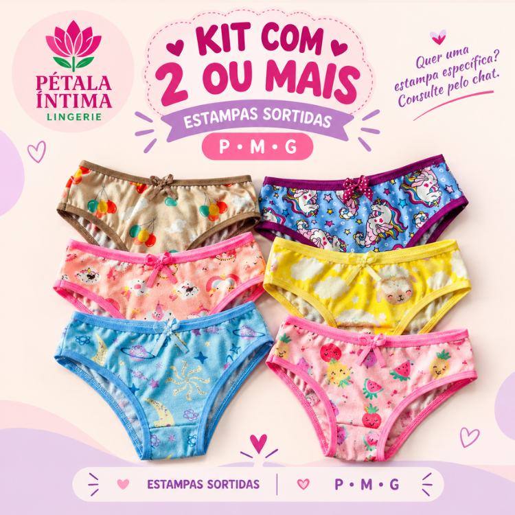 KIT Calcinhas Infantil Menina Moça Confortáveis Forro de Algodão Suede Dia a Dia Promoção Tanga Criança Ajuste Perfeito