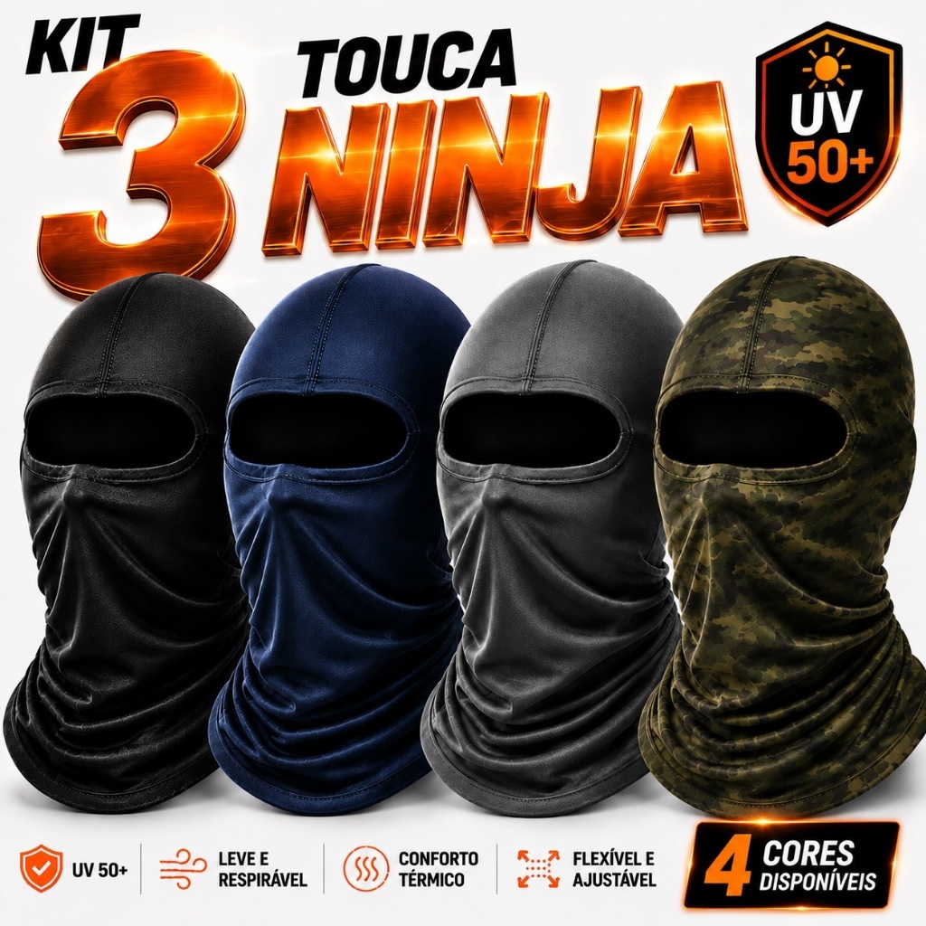 Kit 3 Touca Ninja Balaclava Motoqueiros Militar Tatica Frio Máscara Moto proteção solar raios UV 50+ térmica Premium