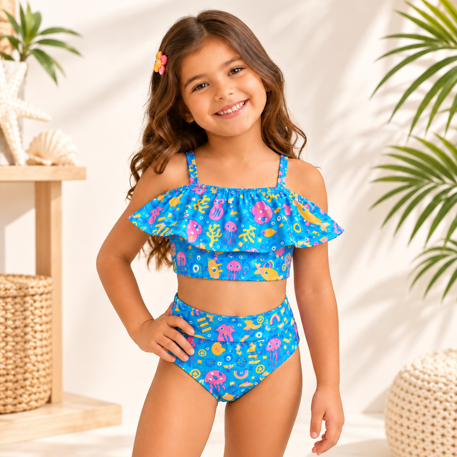 Biquini Infantil Alcinha com Babado e Calcinha Modelo Confort Estampas Vivas em Suplex M ao GG