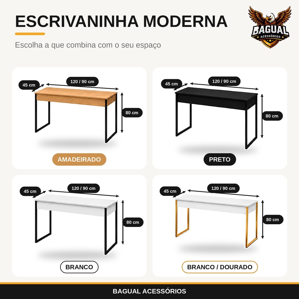 Mesa Escrivaninha 120cm/90cm Para Escritório Computador - Detalhada - Leve - Pés de Alumínio Pintura Eletrostática