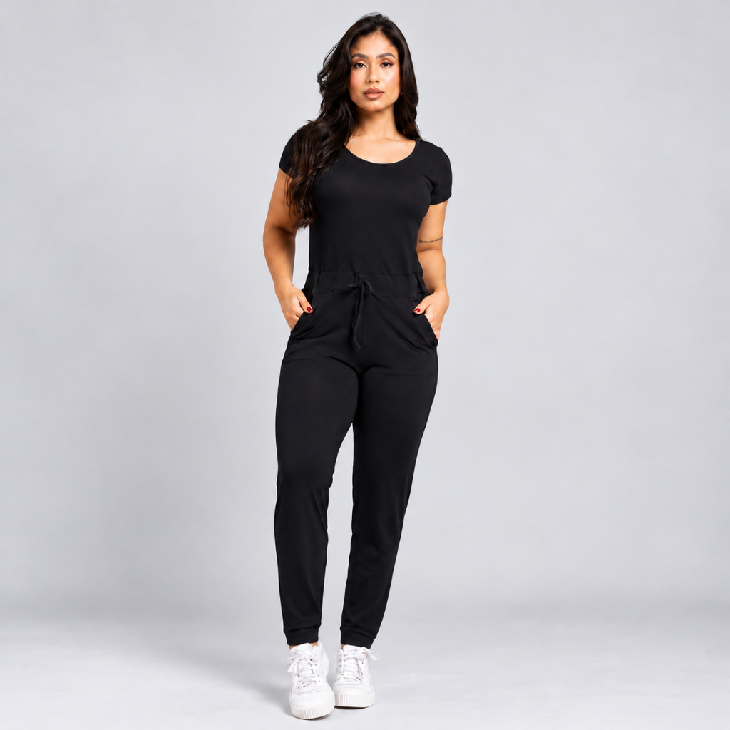 Macacão Feminino Longo Manga Curta Com Bolsos Laterais Capri Casual Confortável Não Marca