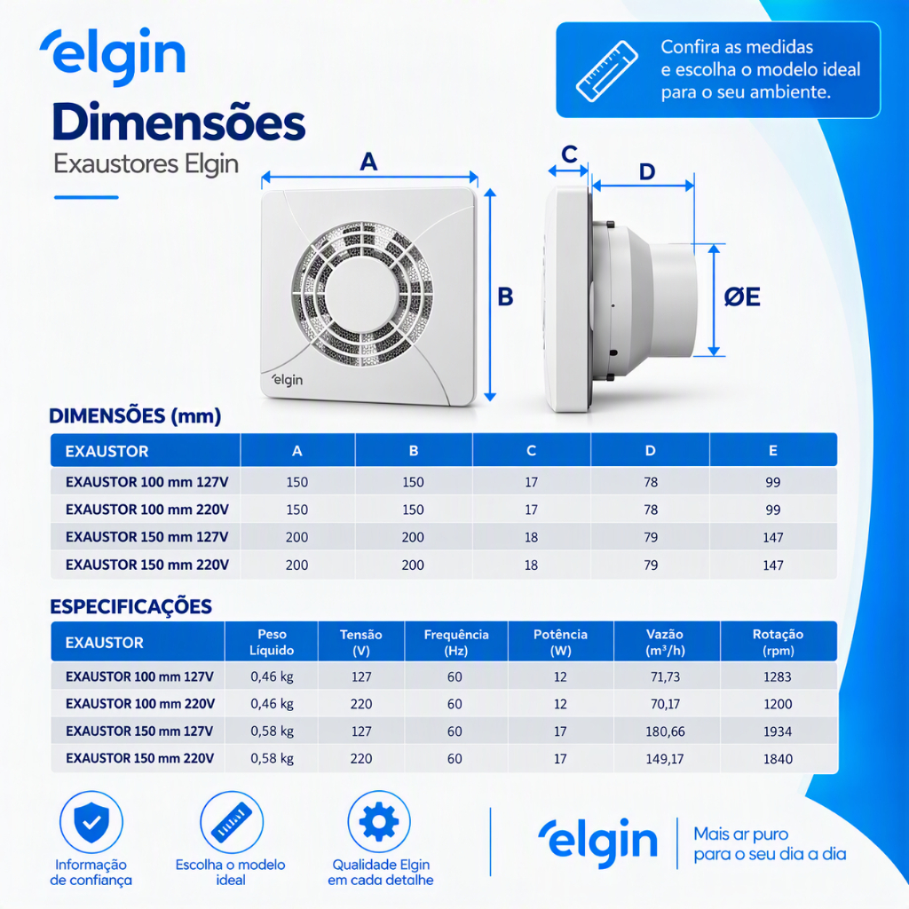 Exaustor para Banheiro Elgin 150 x 150 mm e tubo de 100mm 127V ou 220V com Tela Anti-Inseto — imagem 2 de 2
