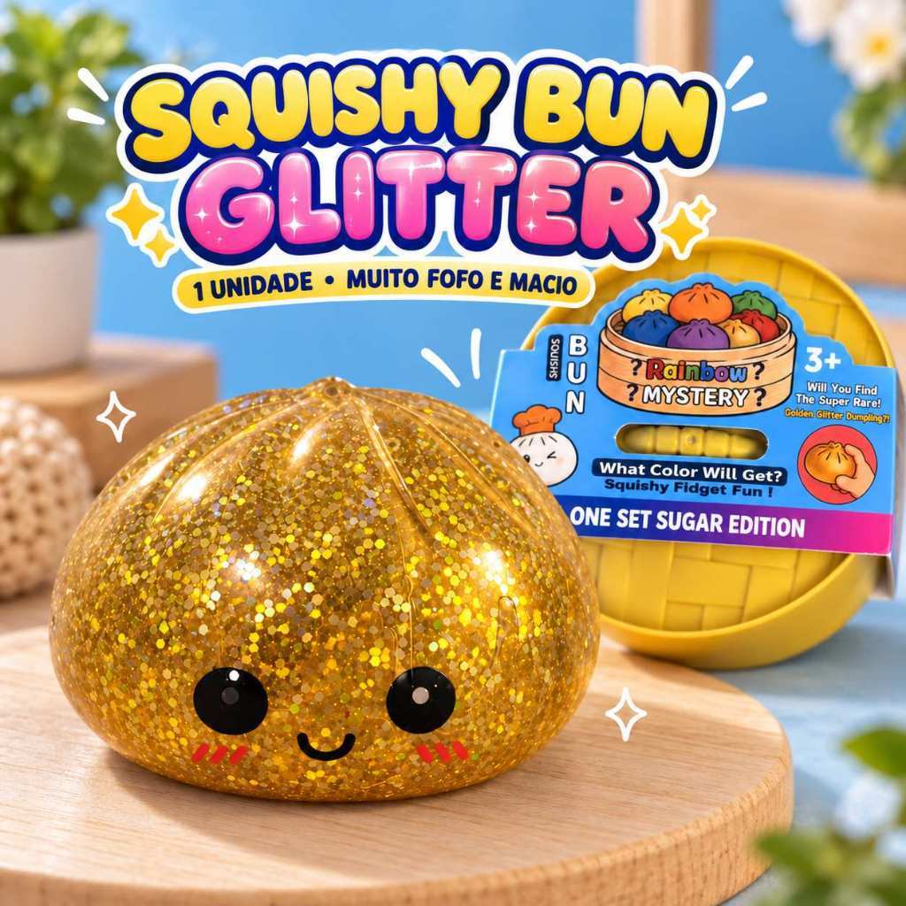Squishy Dumpling Bolinho Surpresa Glitter Dourado Raro Squish Bun Pãozinho Kawaii Brinquedo Kids