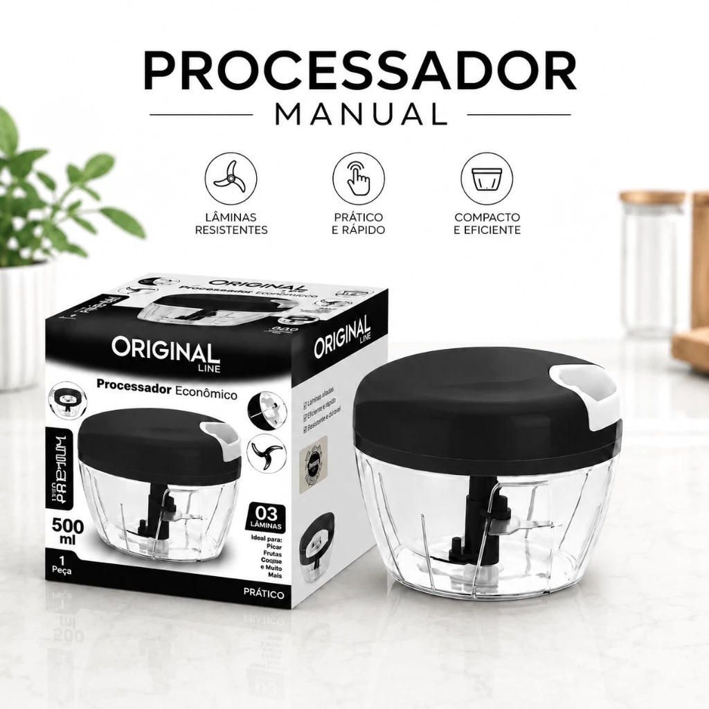 Processador Triturador Alho Cebola Legumes Frutas Manual 170ml ou 500ml 3 Lâminas Aço Inox Picador Cortador Cozinha