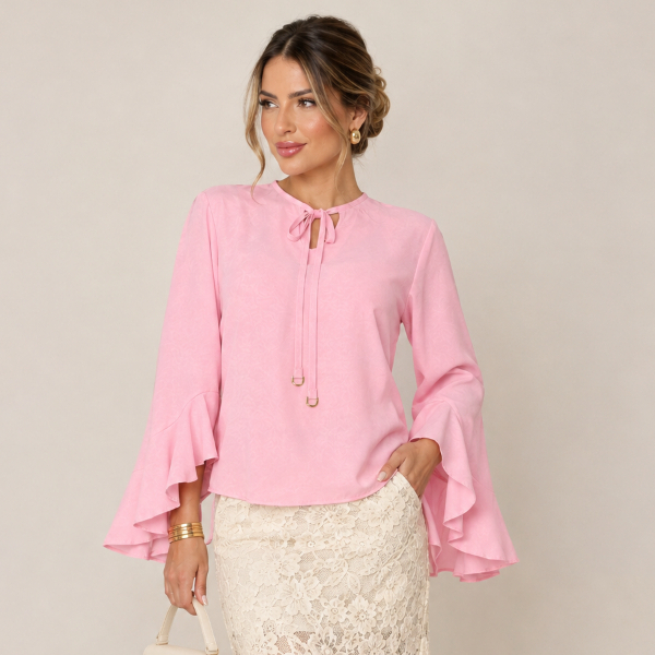 BLUSA FEMENINA SOCIAL MANGA FLARE, LISO EM TECIDO GGT, LISTRADO — imagem 2 de 2