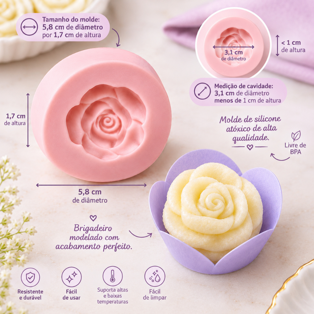 Molde de Silicone de Rosa Modelagem Brigadeiro na Confeitaria ou Apliques em Artesanato Biscuit