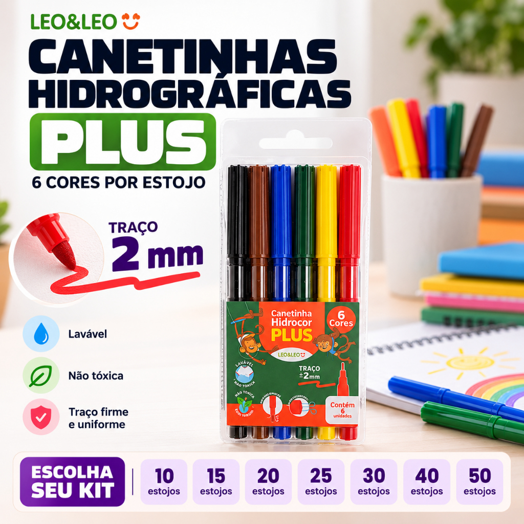 Kit 10 a 50 Estojos Canetinhas Hidrocor Leo&Leo PLUS 6 Cores Ponta 2mm Lavável Escolar Colorir Atacado ✏️