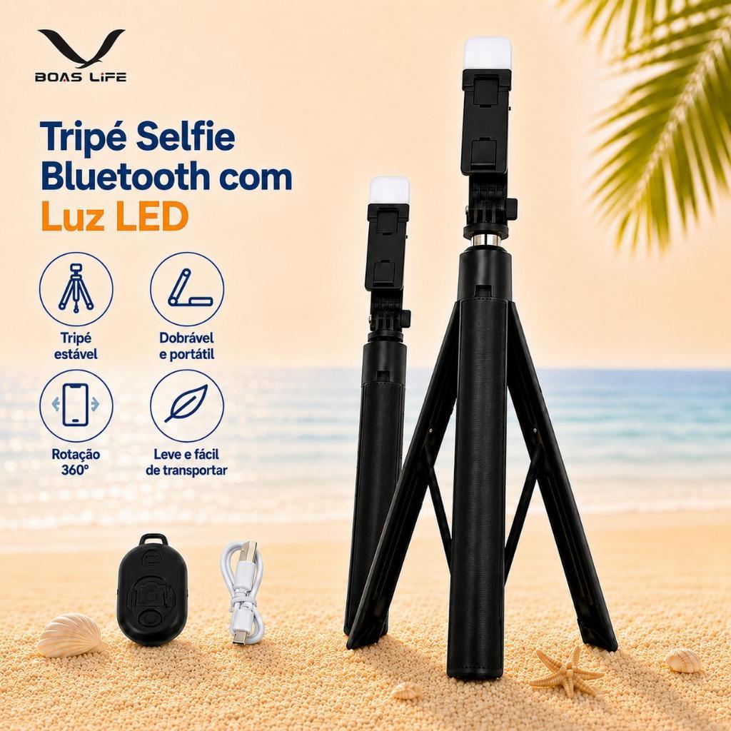 Bastão de Selfie Tripé Bluetooth com Luz LED e Controle Remoto, Extensível até 1,70m para Celular, Fotos e Vídeos