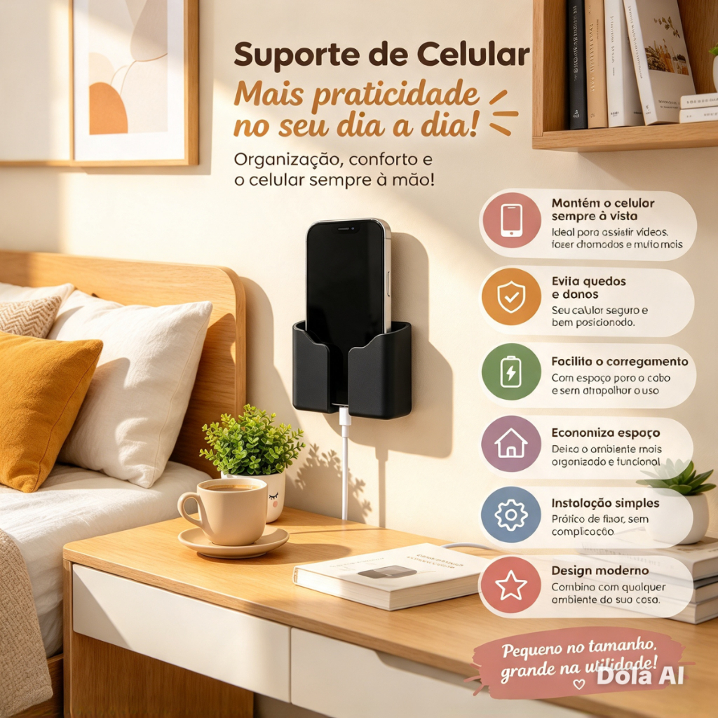 Suporte Para Celular De Parede Plástico Resistente Adesivo Entrada Carregador Universal Várias Cores
