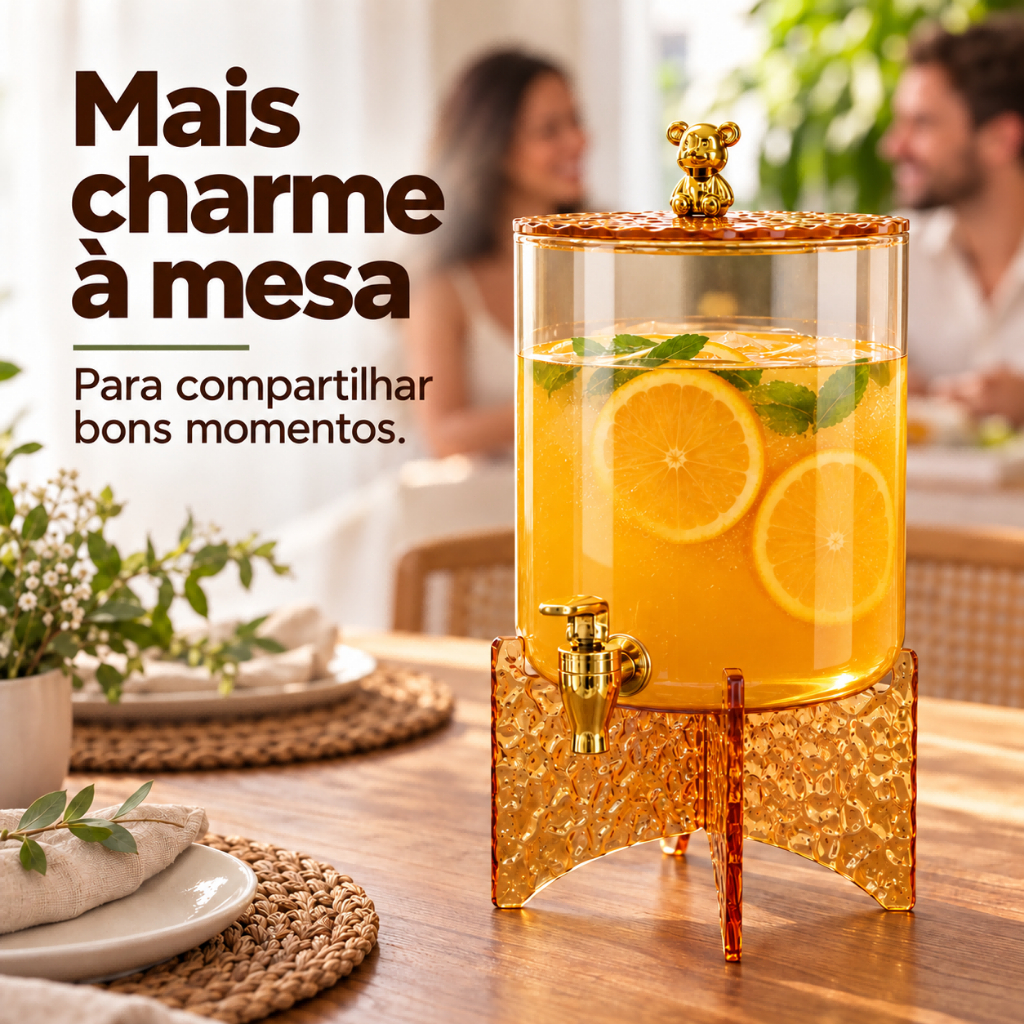 Suqueira de Vidro Âmbar 3,6L com Torneira Dourada, Tampa de Ursinho e Base Removível para Servir Sucos, Água e Chá Frio — imagem 2 de 2