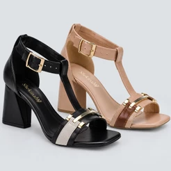 Sandália Feminina Shekinah Salto Geométrico Pregado Fivela Detalhe Dourada Luxo Elegante