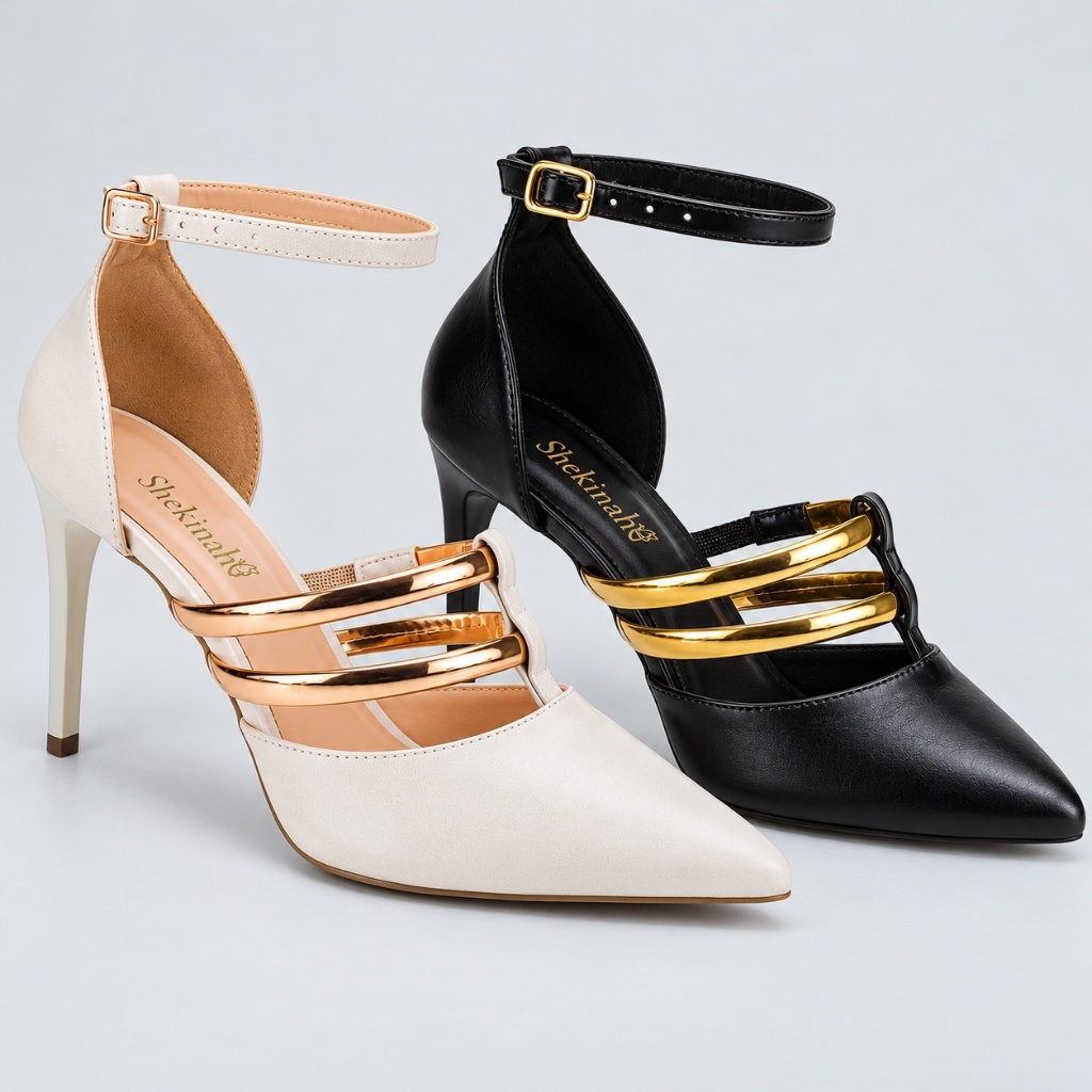 Imagem Sapato Scarpin Shekinah Salto Fino Stilleto Tiras Metalizadas Confortável Moda