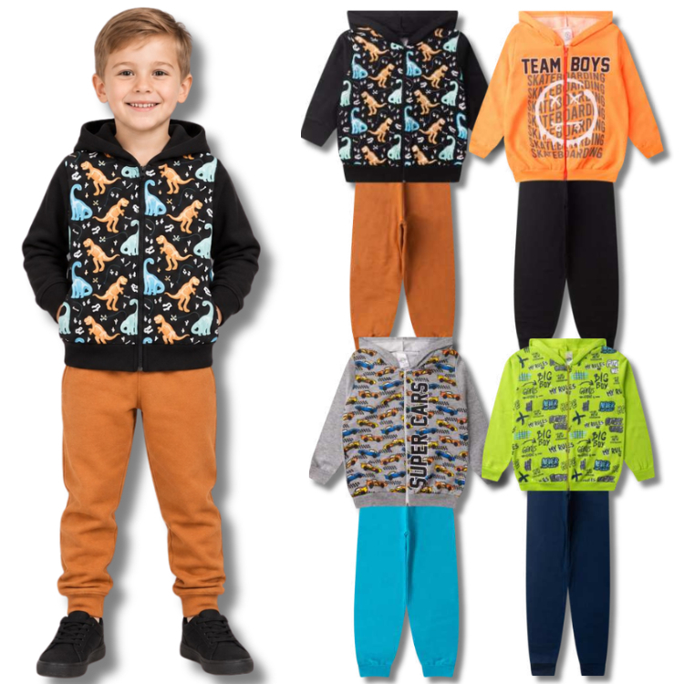Kit 4 Peças Conjunto Moletom Masculino/Menino Infantil Juvenil - Casaco com Capuz + Zíper e Calça