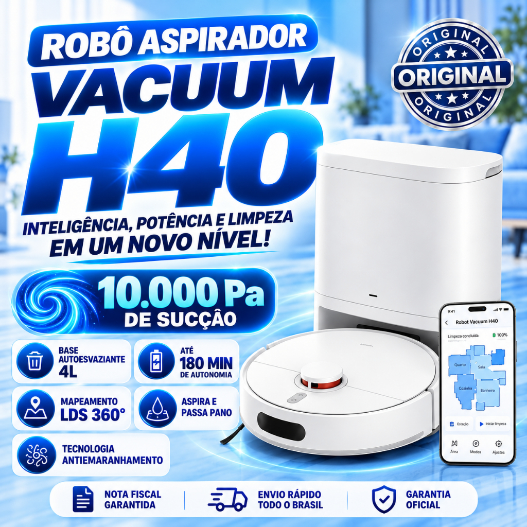 Robô Aspirador H40 – 10000Pa, Mapeamento a Laser, Autoesvaziamento, 2 em 1 Limpeza completa