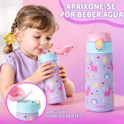Modus Garrafa térmica 500ml infantil com canudo Estampas de Animais Copo em aço inox Unicórnio