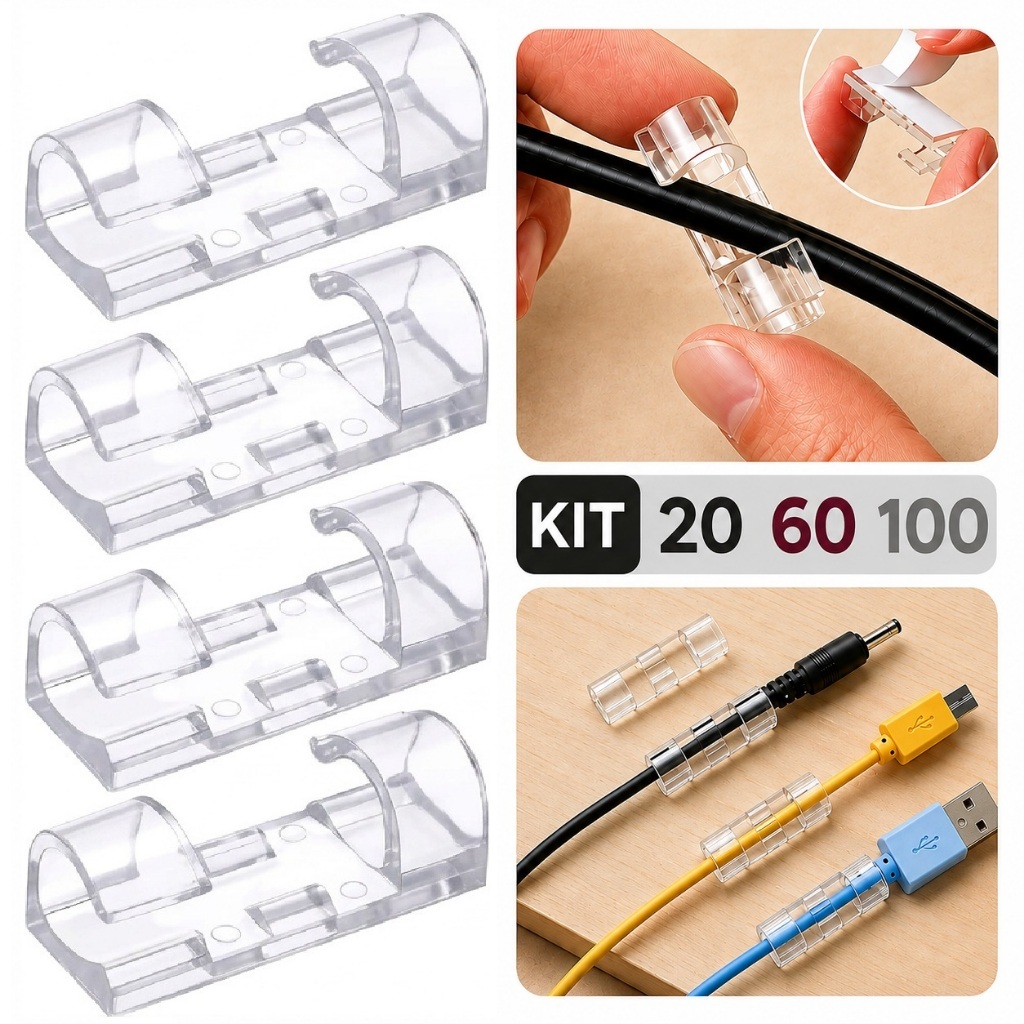 KIT 20 ~ 100 Organizador de Fios e Cabos Autoadesivo Transparente Clips Fixador