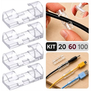 KIT 20 ~ 100 Organizador de Fios e Cabos Autoadesivo Transparente Clips Fixador