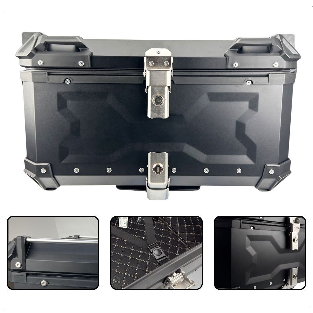 Bauleto Preto Aluminio ACM 65 Litros Universal Para 2 Capacetes com X + Suporte e Encosto