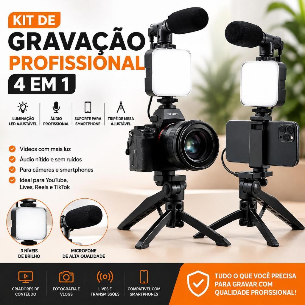 Kit De Gravação 4 Em 1 Profissional Com Microfone, Luz LED, Tripé e Suporte Para Celular e Câmera