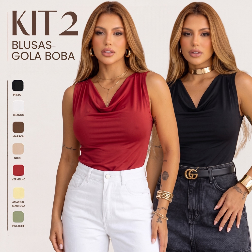 KIT 2 Blusa Regata Feminina Gola Boba Suplex Premium Elegante Leve Mais Pague Menos