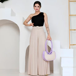 Calça Plissada Feminina Pantalona com Cinto Elegante Cintura Alta Social Festa