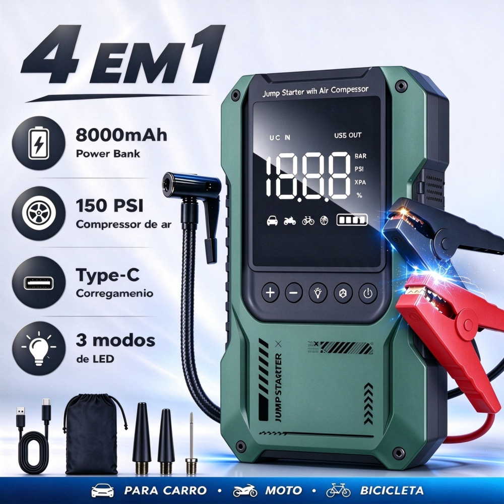 4 em 1 Auxiliar de Partida e Compressor Portátil , 20000mAh Auxiliar De Partida Bateria Veicular Com Power Bank