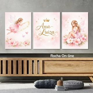 Kit 3 Quadro Personalizados Nome Menina Fada Rosa Decoração Parede Quarto Princesa Luxo Moderno MDF em Oferta na Shopee