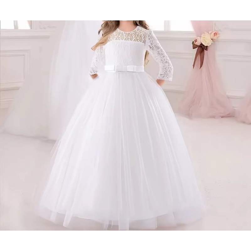 Vestido de princesa de manga comprida feminino, vestido de casamento infantil, festa infantil, Daminha