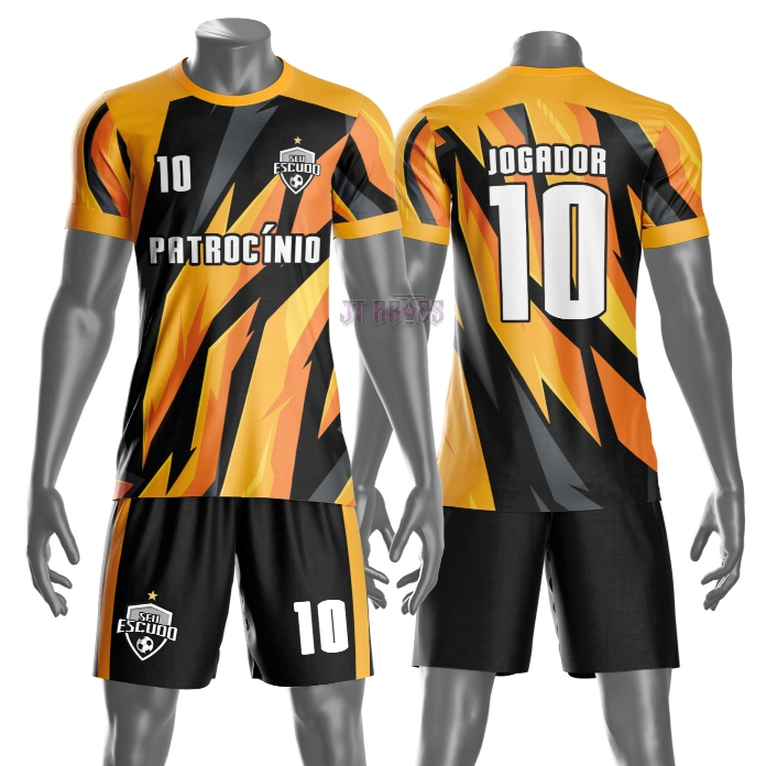 Uniforme jogador futebol amador esportivo camiseta e calção personalizavél nome número escudo mod 48