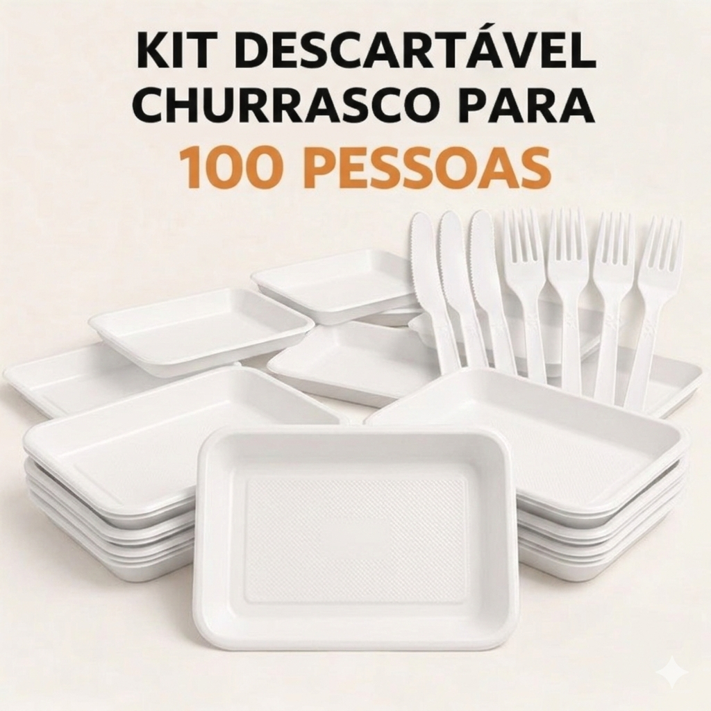 Kit Descartável C/100 Bandejas + 100 Talheres P/ Churrasco Festas Eventos