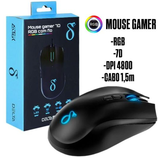🎮⚡ Mouse Gamer Delta VM7048 7D RGB – 4800 DPI Alta Precisão 1000Hz taxa de atualização  USB 1,5M