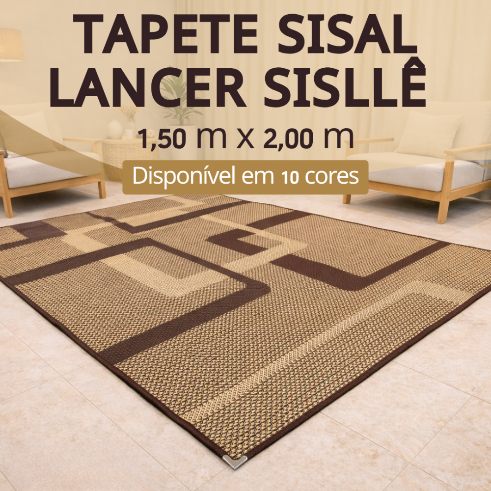 Tapete Sisal 200x150 cm Lancer Sisllê Antiderrapante Cantoneira Aço Cromado Sala Quarto Escritório