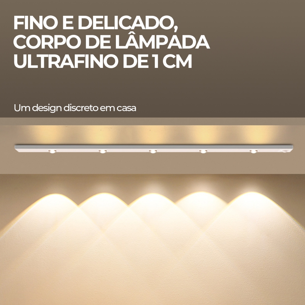 Luz de LED com Sensor para Armário 60cm Ultra Fina 3 Cores, Recarregável