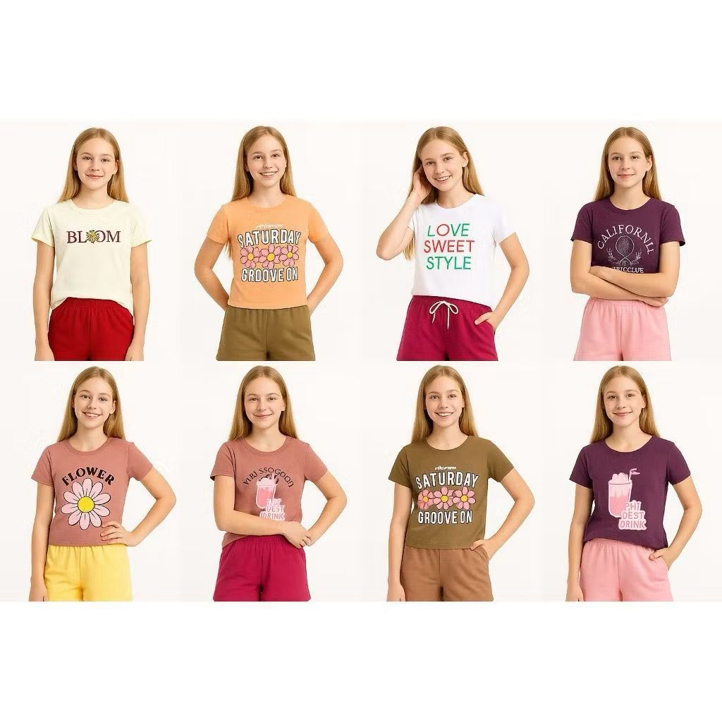KIT DE CONJUNTO JUVENIL ESTAMPA SORTIDA MENINA/FEMININO VERÃO ESTAMPA SORTIDA CAMISETA + BERMUDA = 1CONJUNTO