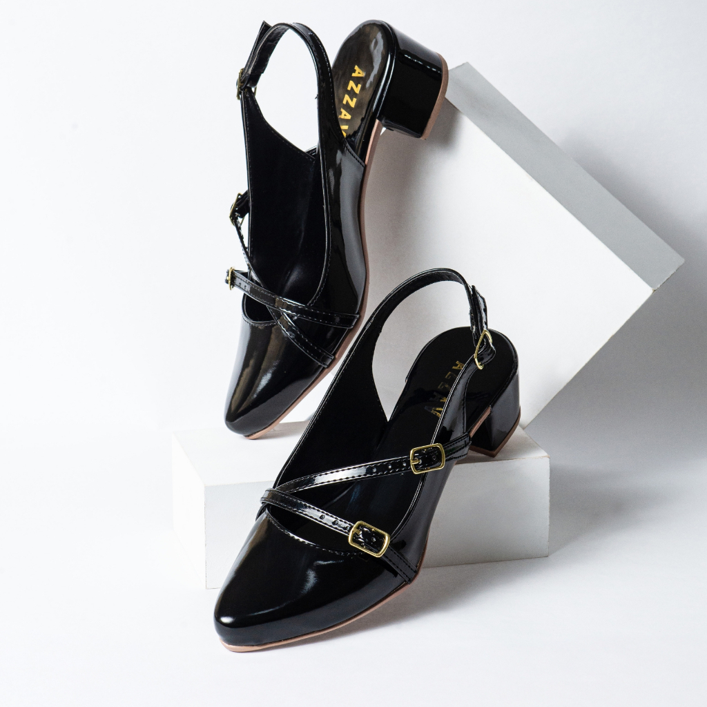 Sapato Scarpin Feminino Verniz Bico Fino Slingback Salto Baixo Azzav