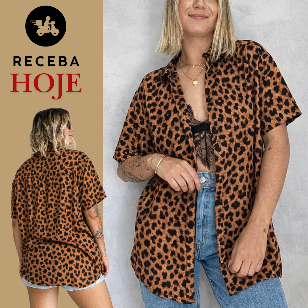 Camisa Blusão Oversized Estampada Casual Botões Basico Estampa Onça Moda Gringa Saida Praia