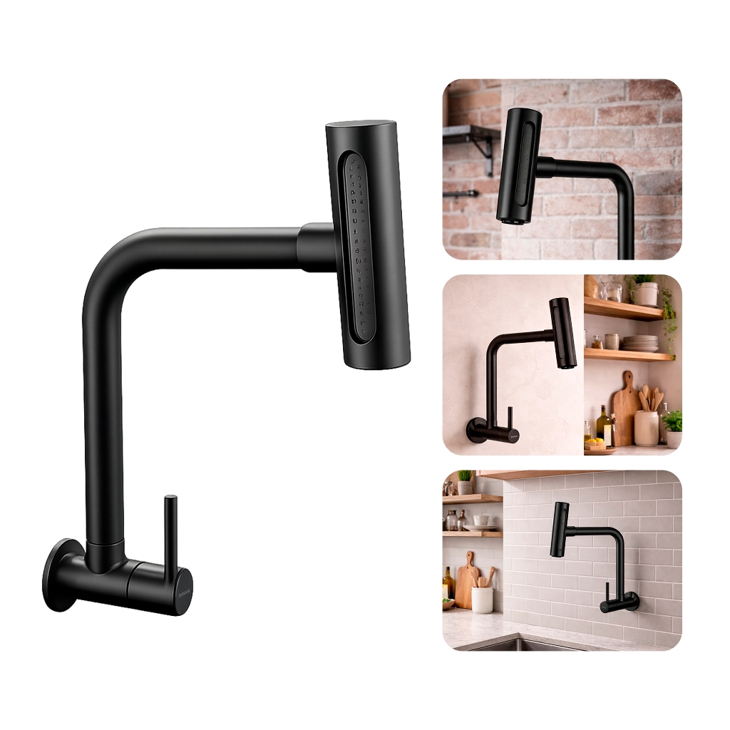 Torneira Gourmet para Cozinha de Parede Pia 360° Bica Articulada Aço Inox 304 Fosco Preta Brinovar
