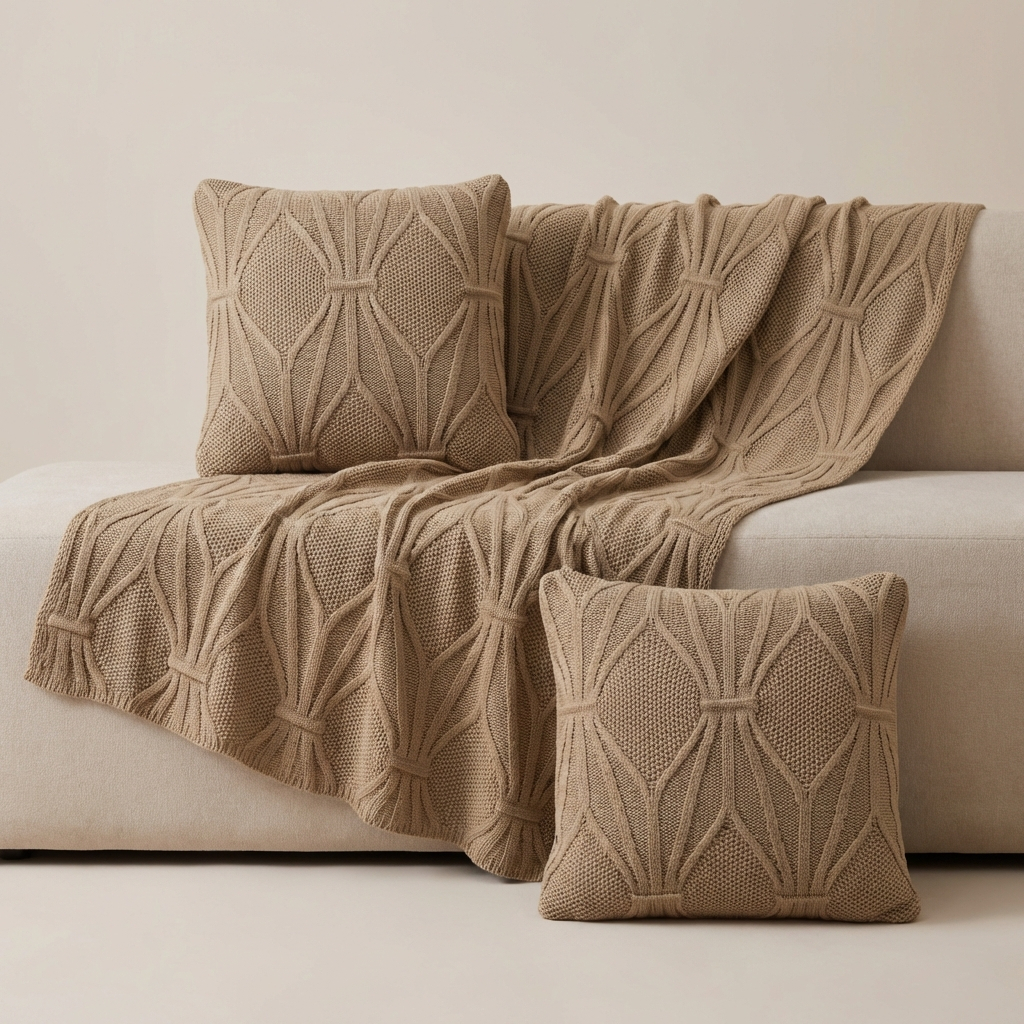 Kit Manta de Tricô + 2 Capas de Almofadas 45X45cm Sofá Poltrona Cobertor Cama 150x90cm Usufruto Decorativa Sala B06
