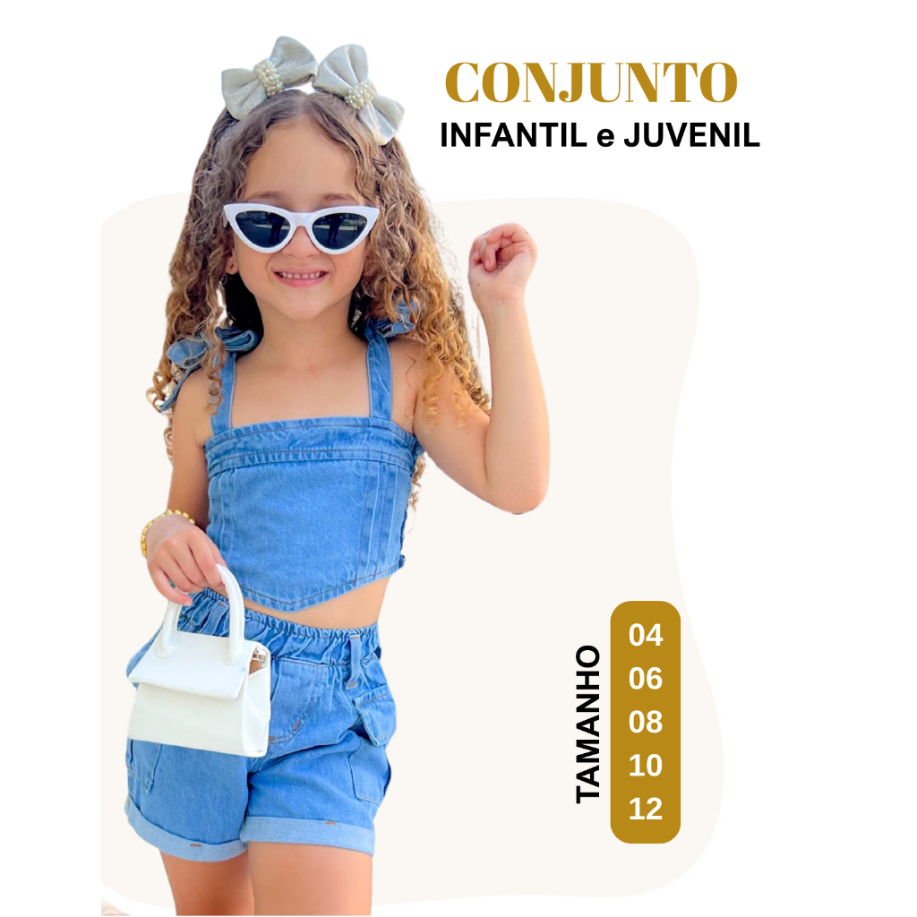 Conjunto Top e Short Jeans Infantil Menina Presente Aniversário Férias Shopping Verão Parque